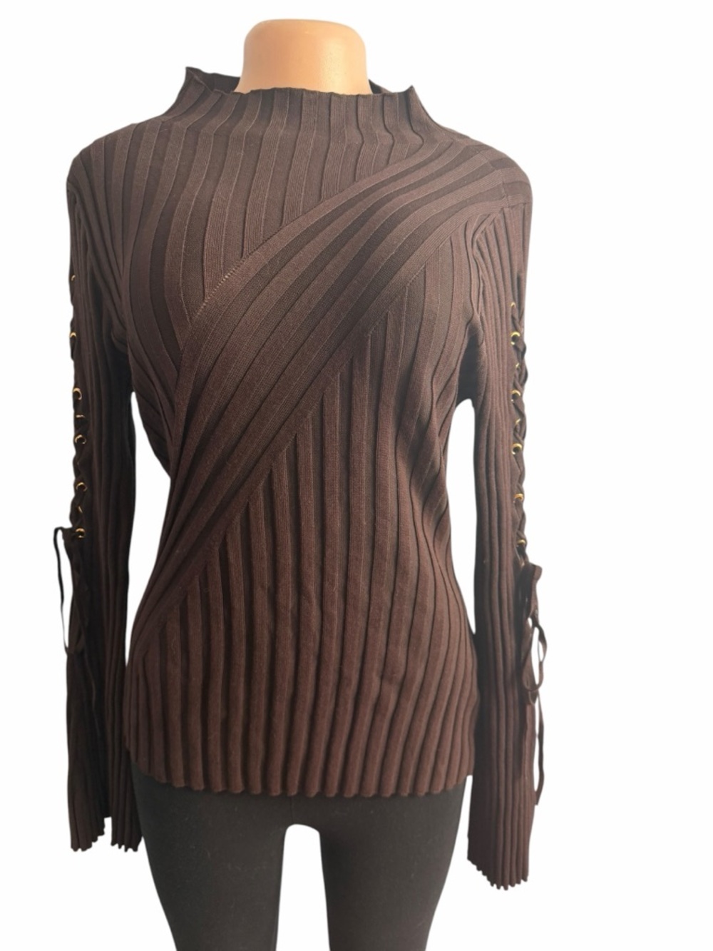 Venus Ribbed Lace-Up Sleeve Brown Knit Top